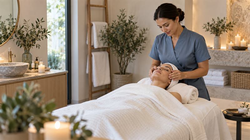 Sala de spa: esteticista realizando un tratamiento facial
