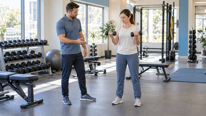 Entrenador orientando a una socia en un gimnasio moderno