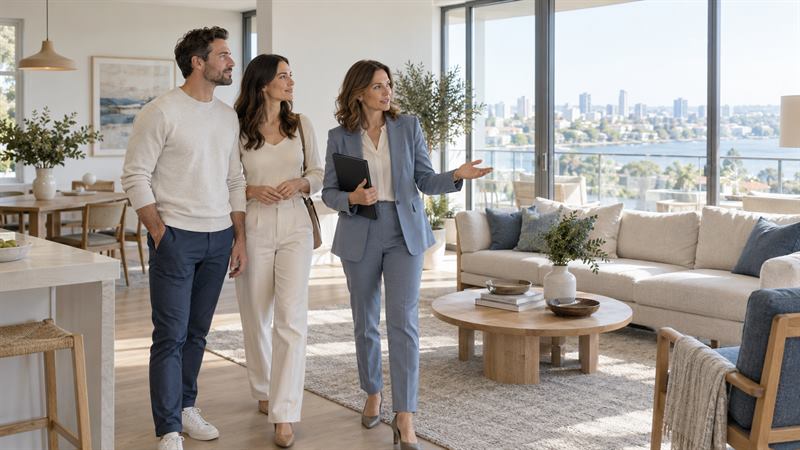 Agente inmobiliaria mostrando un departamento luminoso a una pareja