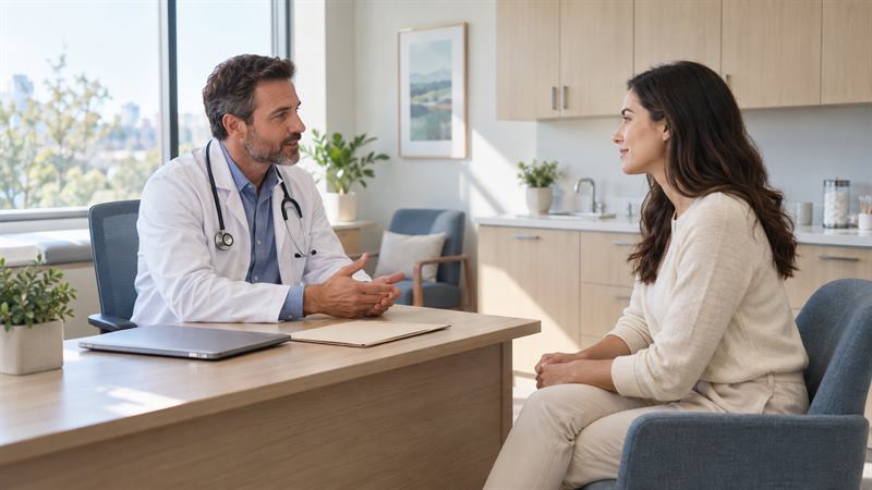 Consultorio medico: profesional conversando con una paciente